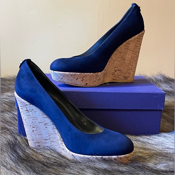NIB Stuart Weitzman Corkswoon Blue Suede Platform Wedges Size 7 - Picture 1 of 14
